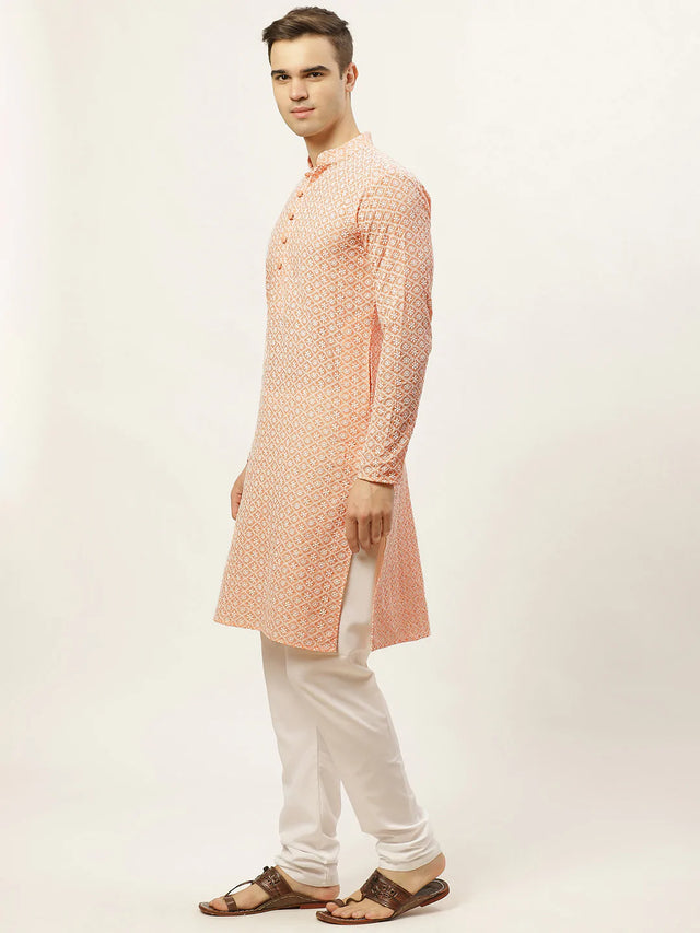 Men's Orange Cotton Embellished Kurta Set