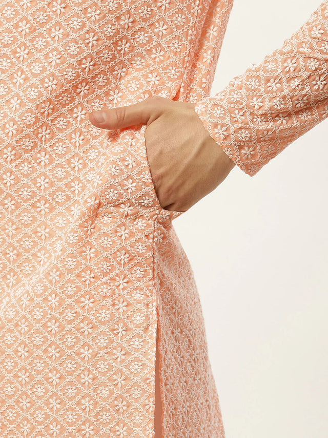 Men's Orange Cotton Embellished Kurta Top