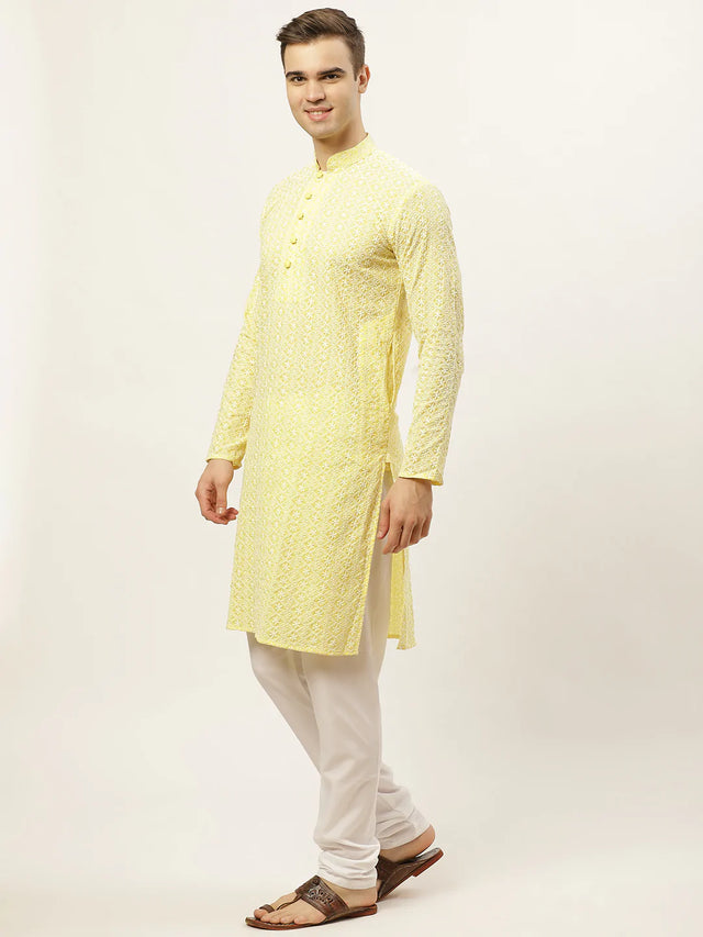 Men's Yellow Cotton Embellished Kurta Set