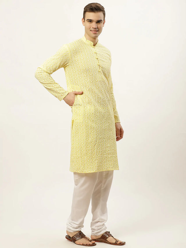 Men's Yellow Cotton Embellished Kurta Set