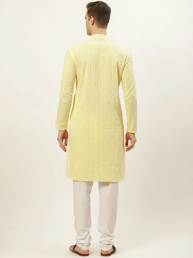 Men's Yellow Cotton Embellished Kurta Set