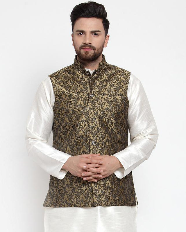 Men's Gold Cotton Woven Nehru Jacket (JOWC_4004_Golden)