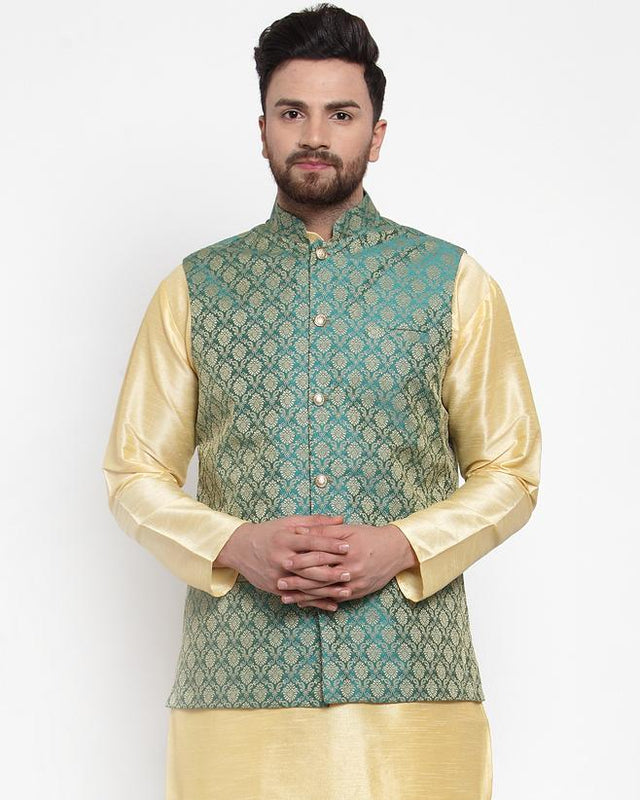 Men's Green Silk Woven Nehru Jacket