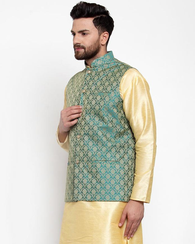 Men's Green Silk Woven Nehru Jacket
