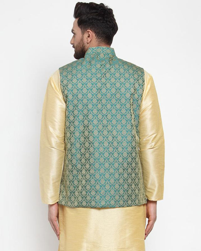 Men's Green Silk Woven Nehru Jacket