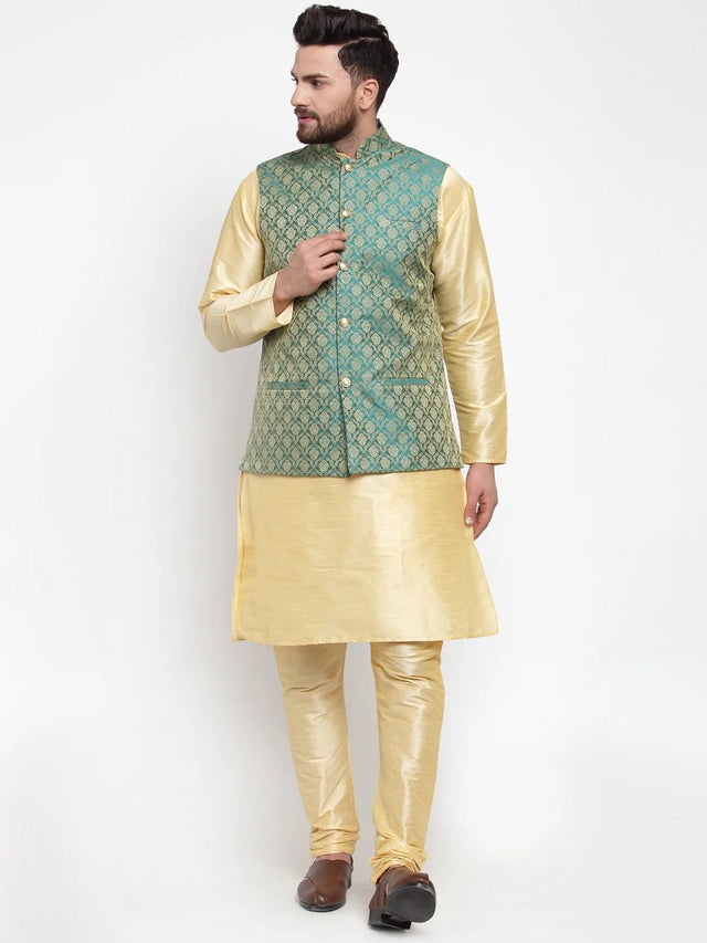 Men's Green Silk Woven Nehru Jacket