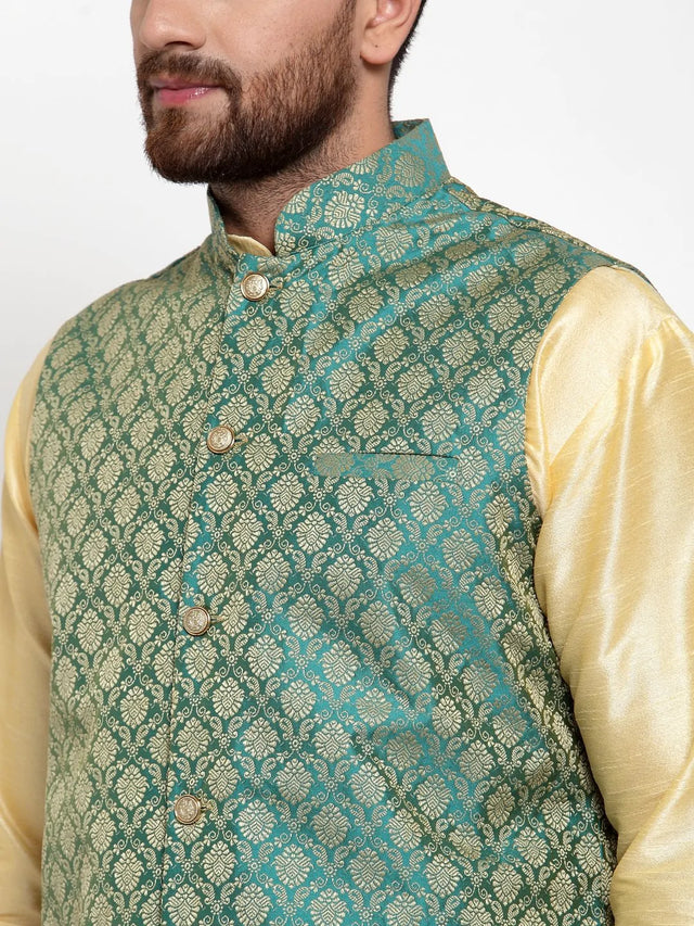 Men's Green Silk Woven Nehru Jacket