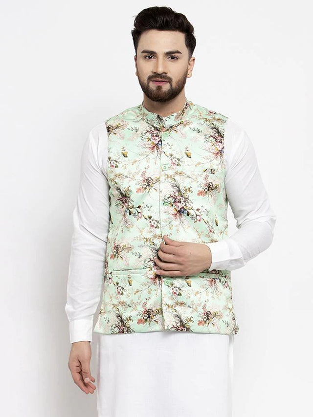 Men's Lime Silk Abstract Nehru Jacket (JOWC_4007Lime)