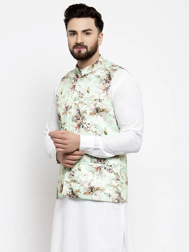 Men's Lime Silk Abstract Nehru Jacket (JOWC_4007Lime)