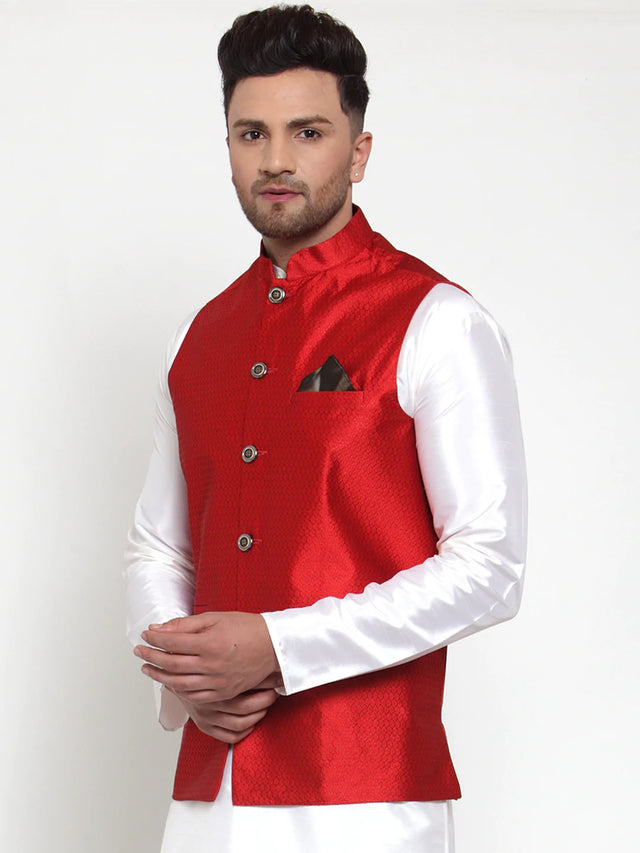 Men's Maroon Silk Woven Nehru Jacket