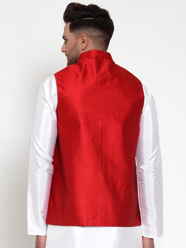 Men's Maroon Silk Woven Nehru Jacket
