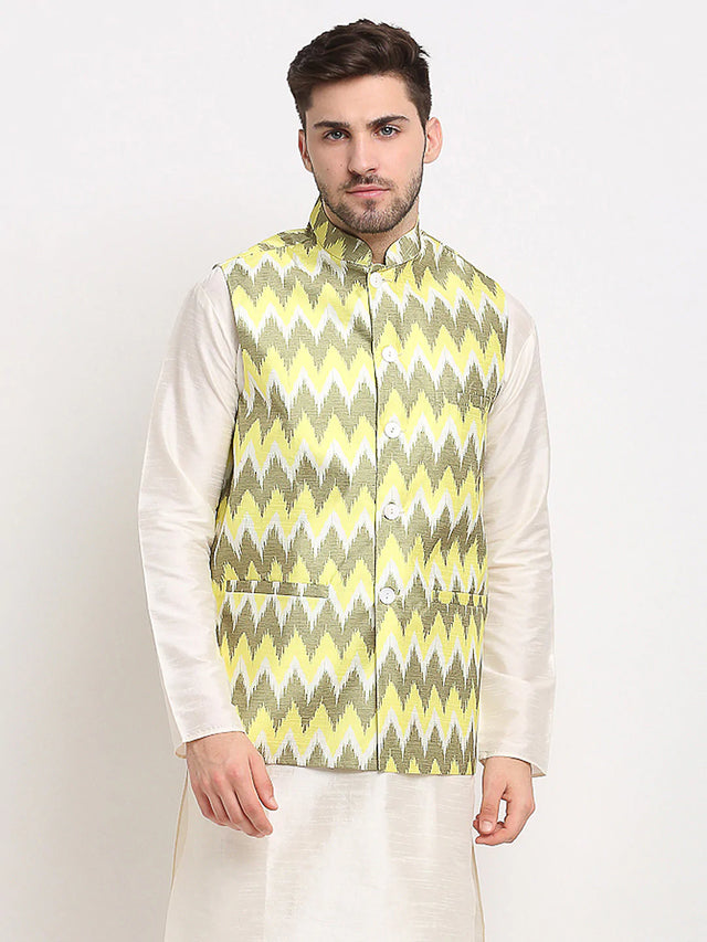 Men's Olive Silk Blend Printed Nehru Jacket