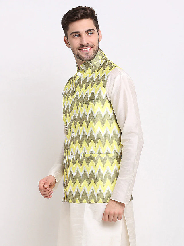 Men's Olive Silk Blend Printed Nehru Jacket