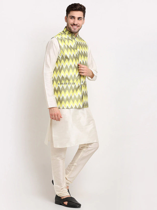 Men's Olive Silk Blend Printed Nehru Jacket