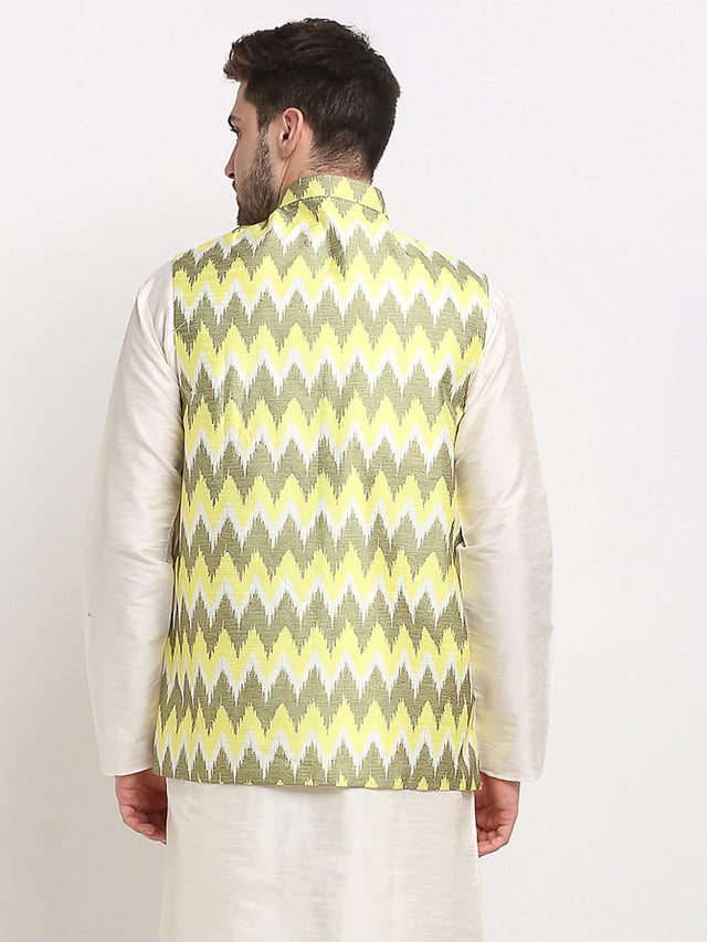 Men's Olive Silk Blend Printed Nehru Jacket