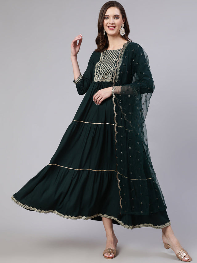 Green Viscose Rayon Embroidered Dresses