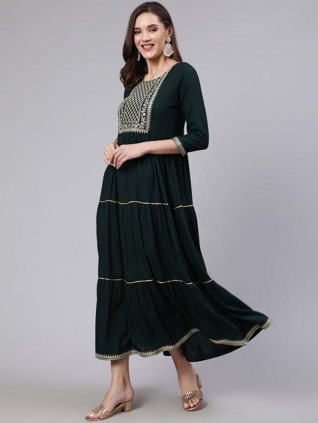 Green Viscose Rayon Embroidered Dresses