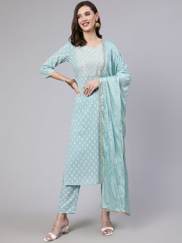 Blue Pure Cotton Embroidered Kurti Pant Sets