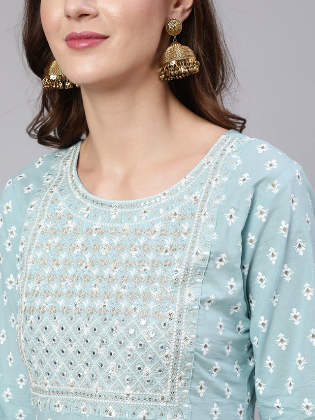 Blue Pure Cotton Embroidered Kurti Pant Sets