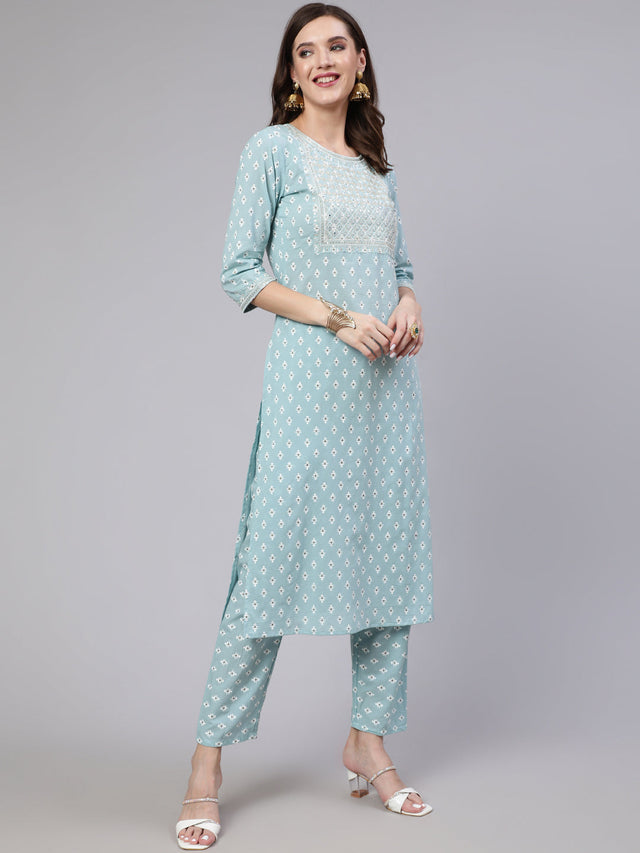 Blue Pure Cotton Embroidered Kurti Pant Sets
