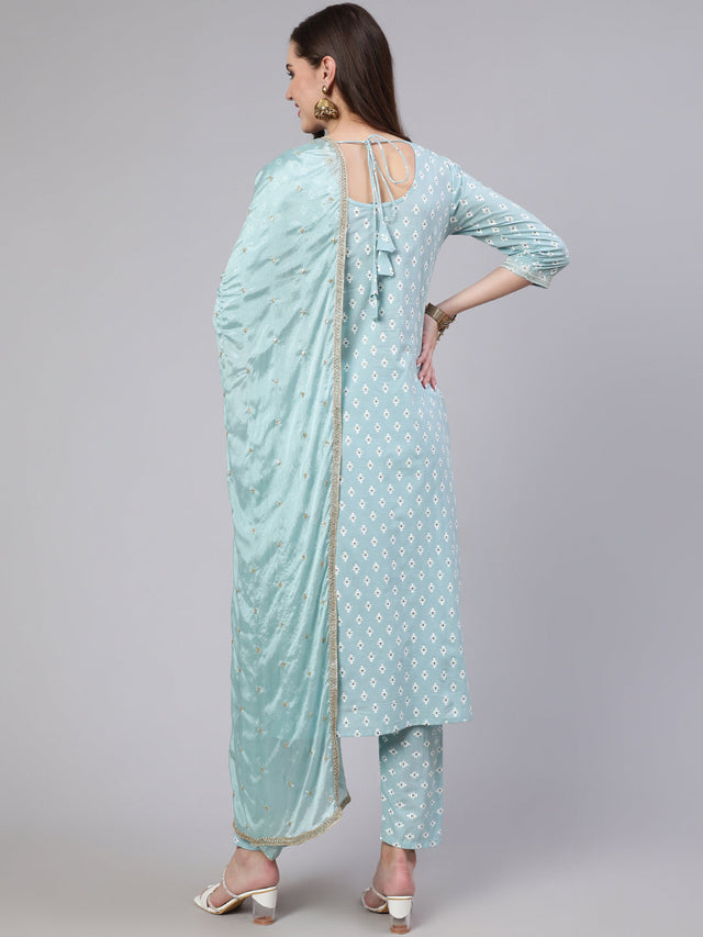 Blue Pure Cotton Embroidered Kurti Pant Sets