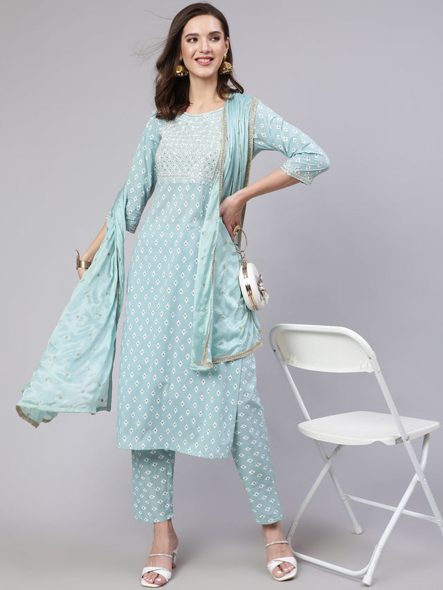 Blue Pure Cotton Embroidered Kurti Pant Sets