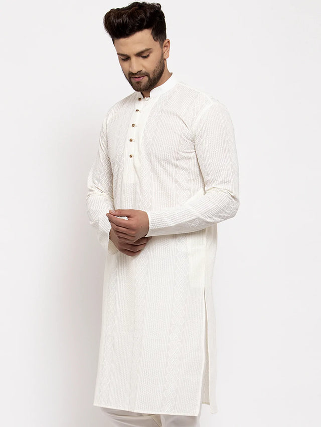 Men's Cream Cotton Embroidered Kurta Top