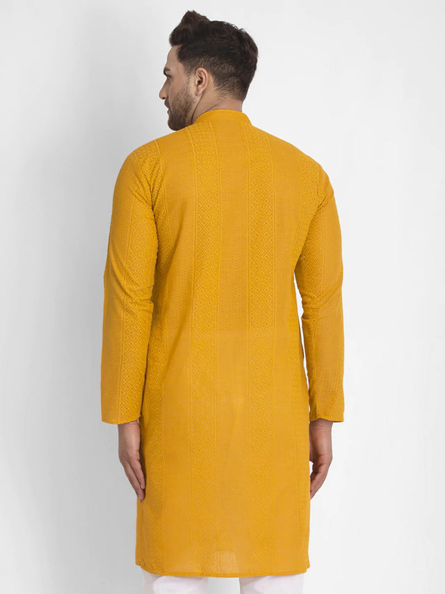 Men's Mustard Cotton Embroidered Kurta Top