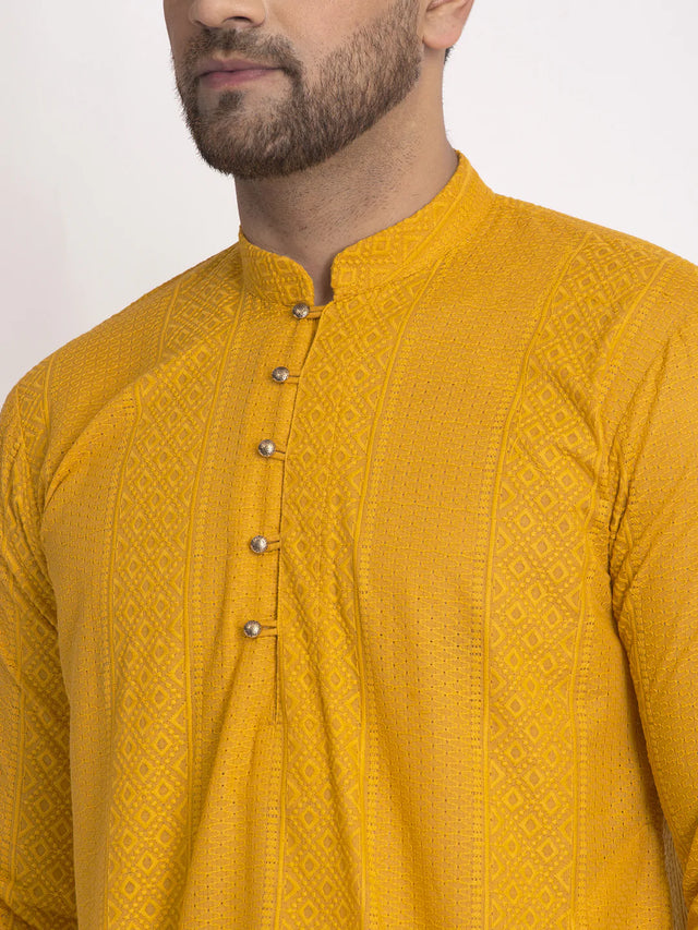 Men's Mustard Cotton Embroidered Kurta Top