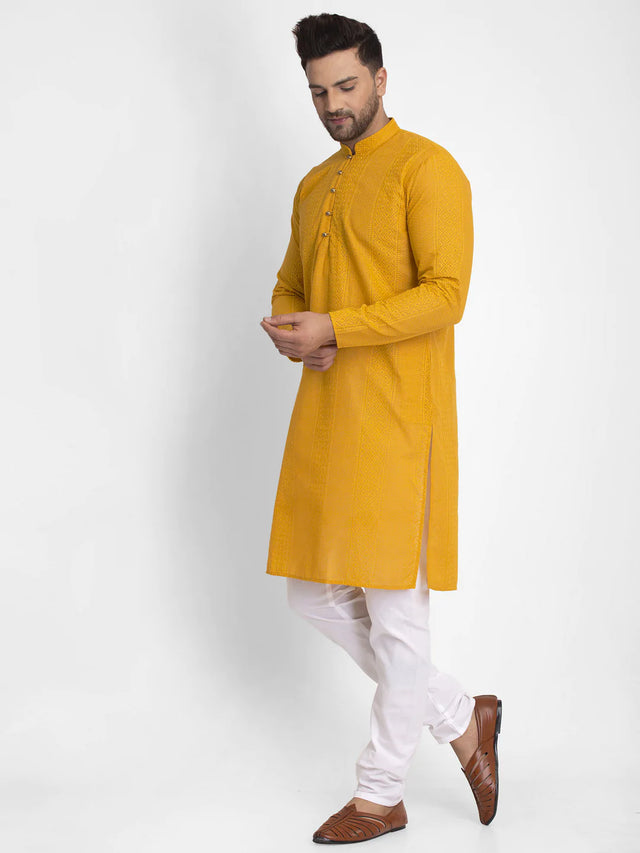 Men's Mustard Cotton Embroidered Kurta Top
