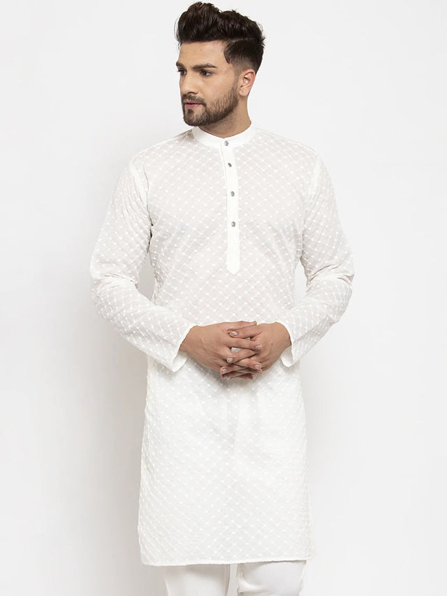 Men's Cream Cotton Embroidered Kurta Top