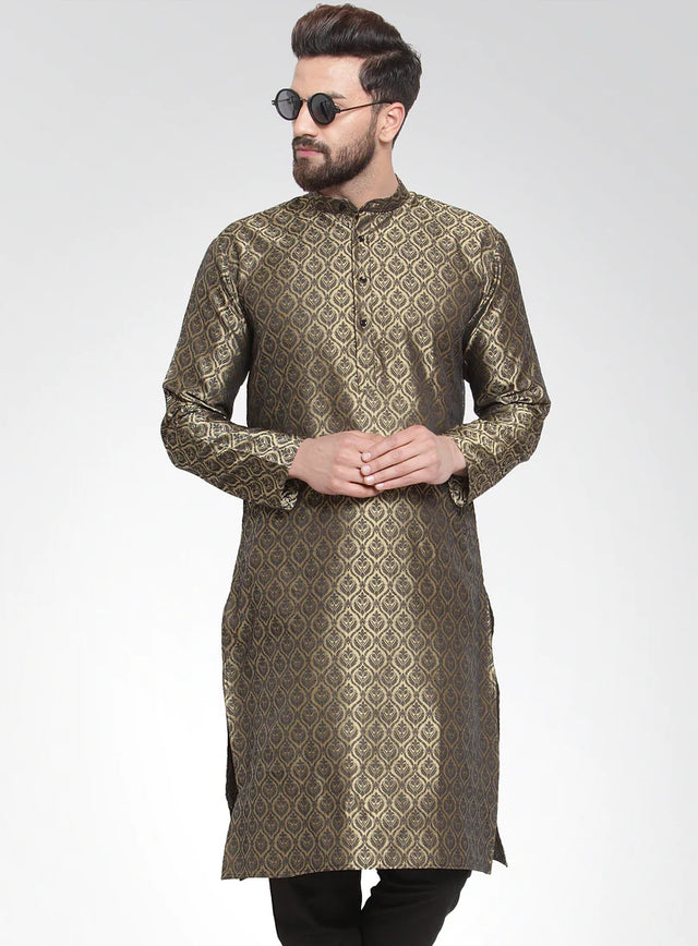 Men's Gold Jacquard Silk Woven Design Kurta Top