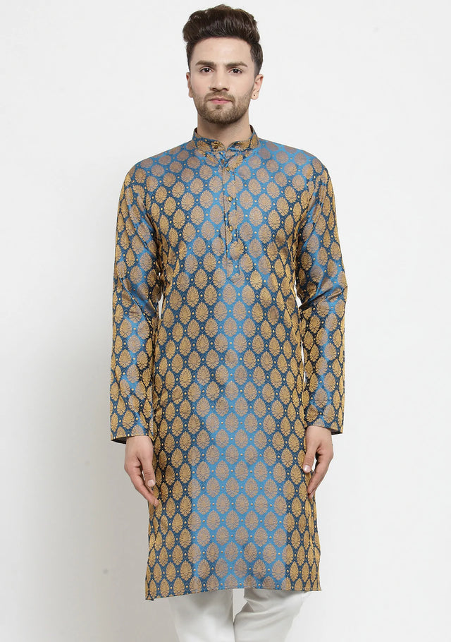 Men's Blue Jacquard Woven Kurta Top
