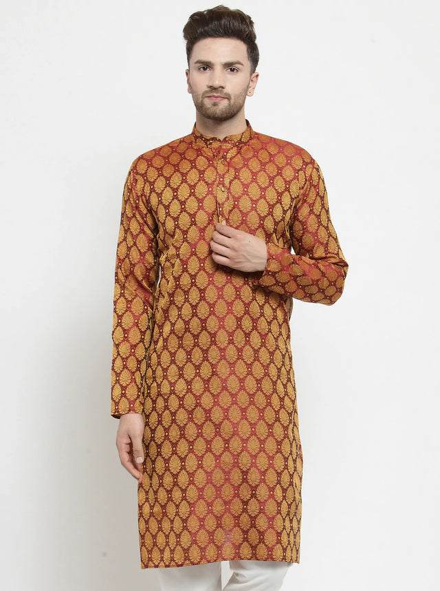 Men's Maroon Jacquard Woven Kurta Top
