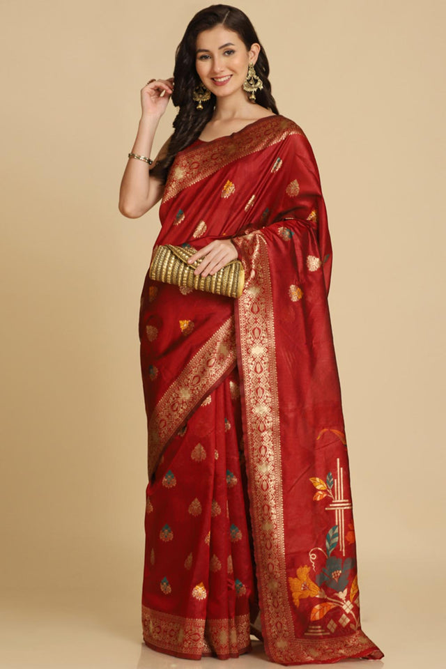 Buy Maroon Resham Woven Art Silk Sarees Online - Back