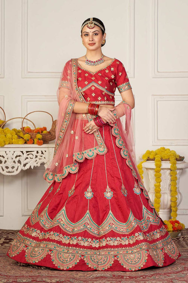 Red Taffeta Silk Embroidered Work Lehenga Choli