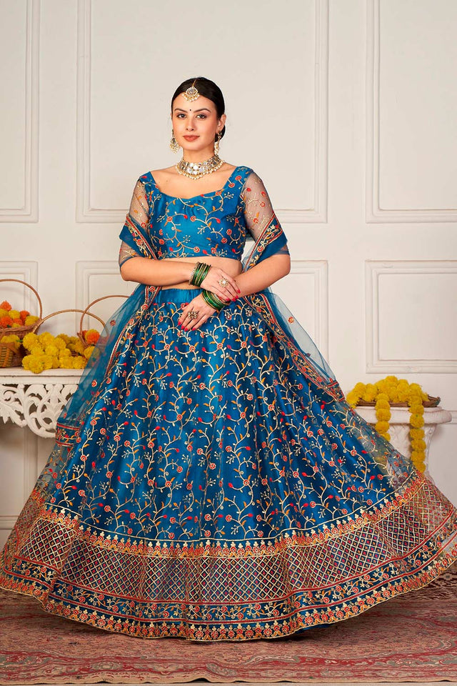 Blue Net Embroidered Work Lehenga Choli