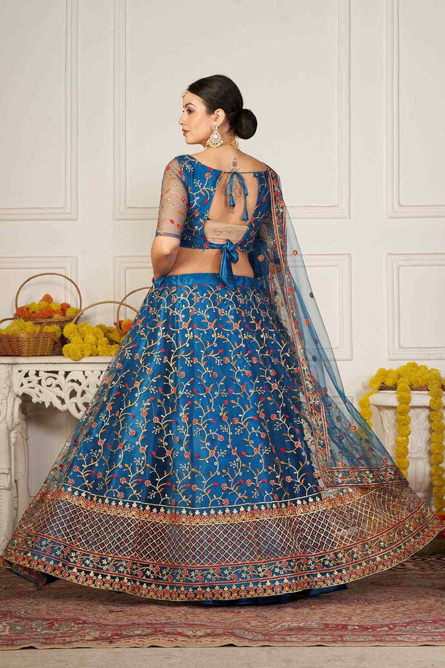 Blue Net Embroidered Work Lehenga Choli