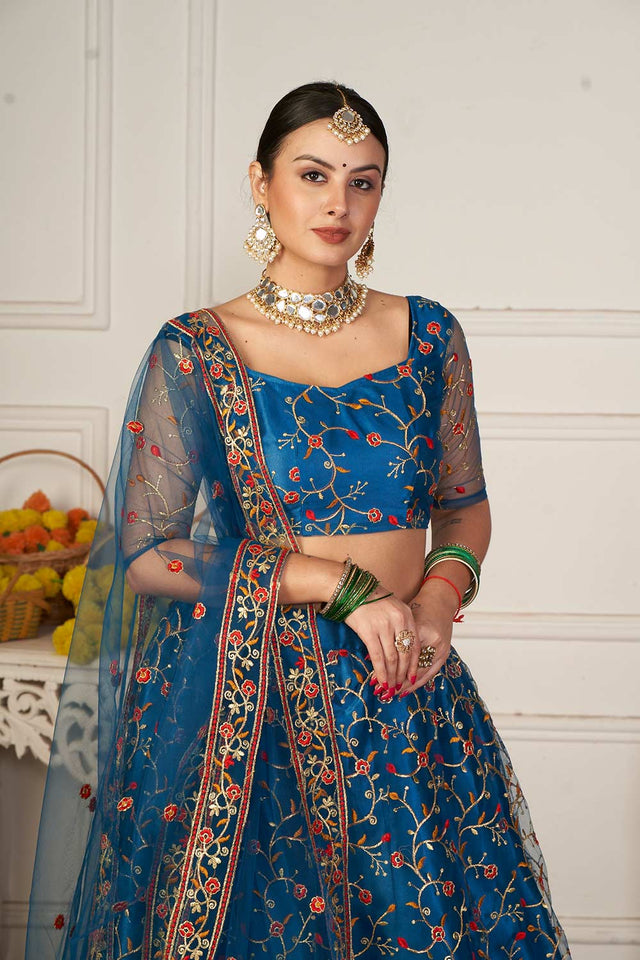 Blue Net Embroidered Work Lehenga Choli