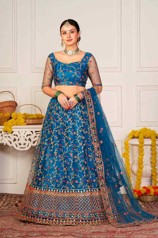 Blue Net Embroidered Work Lehenga Choli