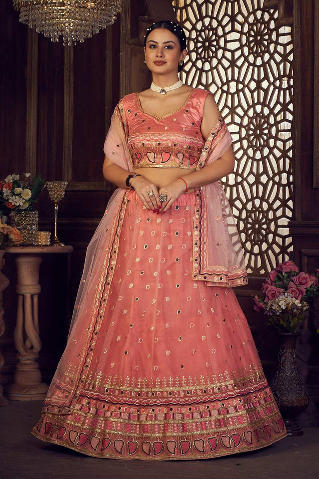 Orange Net Embroidered Work Lehenga Choli