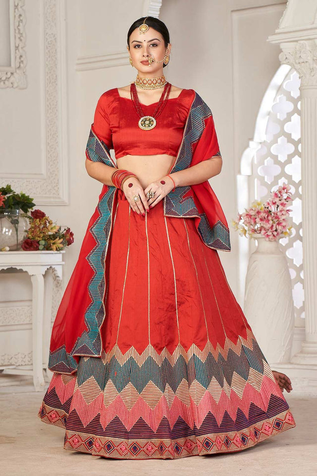 Red Taffeta Silk Embroidered Work Lehenga Choli