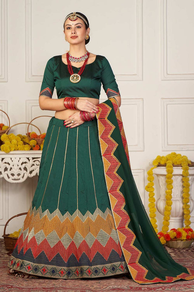 Green Taffeta Silk Embroidered Work Lehenga Choli