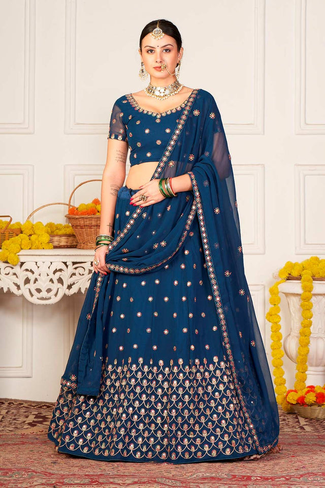 Teal Georgette Embroidered Lehenga Choli