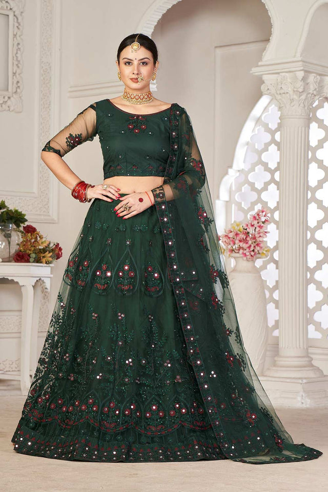Green Net Embroidered Work Lehenga Choli
