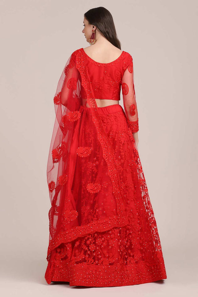 Red Net Embroidered Lehenga Choli