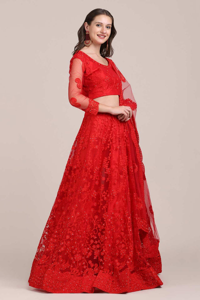Red Net Embroidered Lehenga Choli