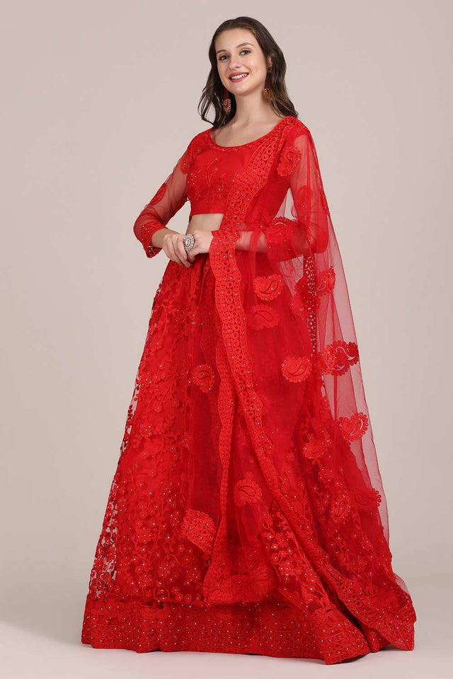 Red Net Embroidered Lehenga Choli