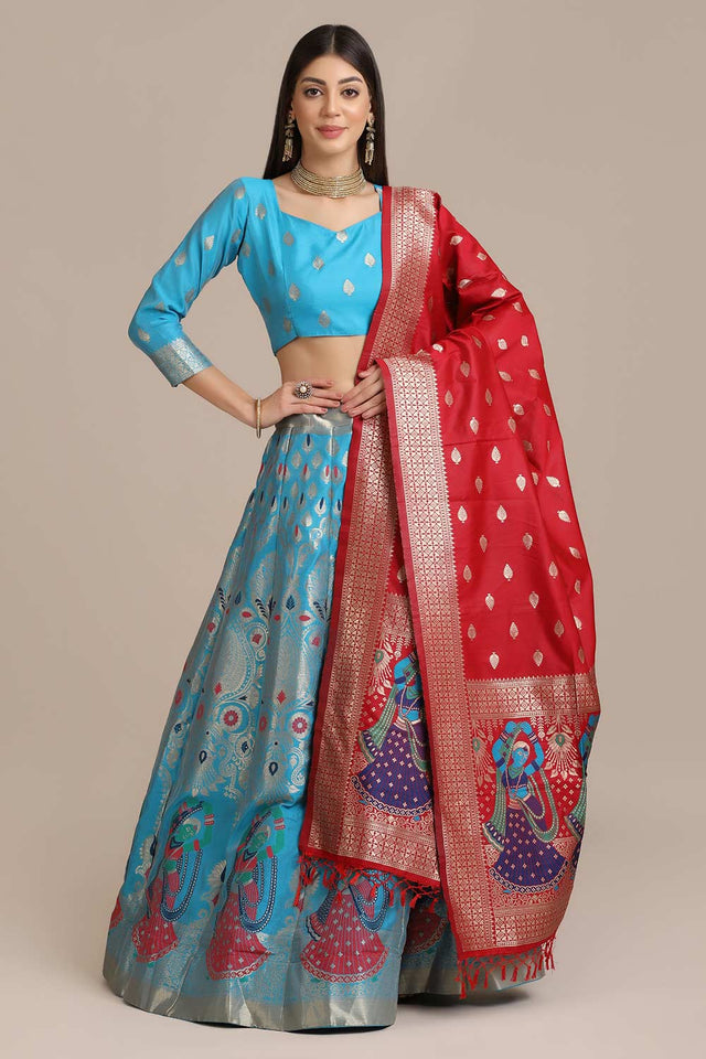 Blue Jacquard Zari Work Lehenga Choli