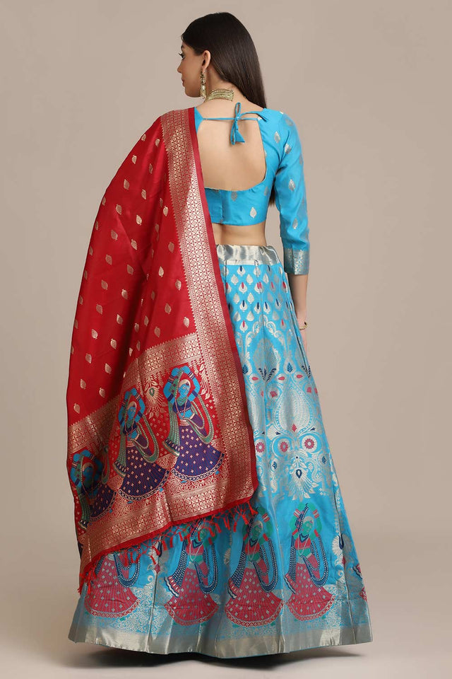 Blue Jacquard Zari Work Lehenga Choli